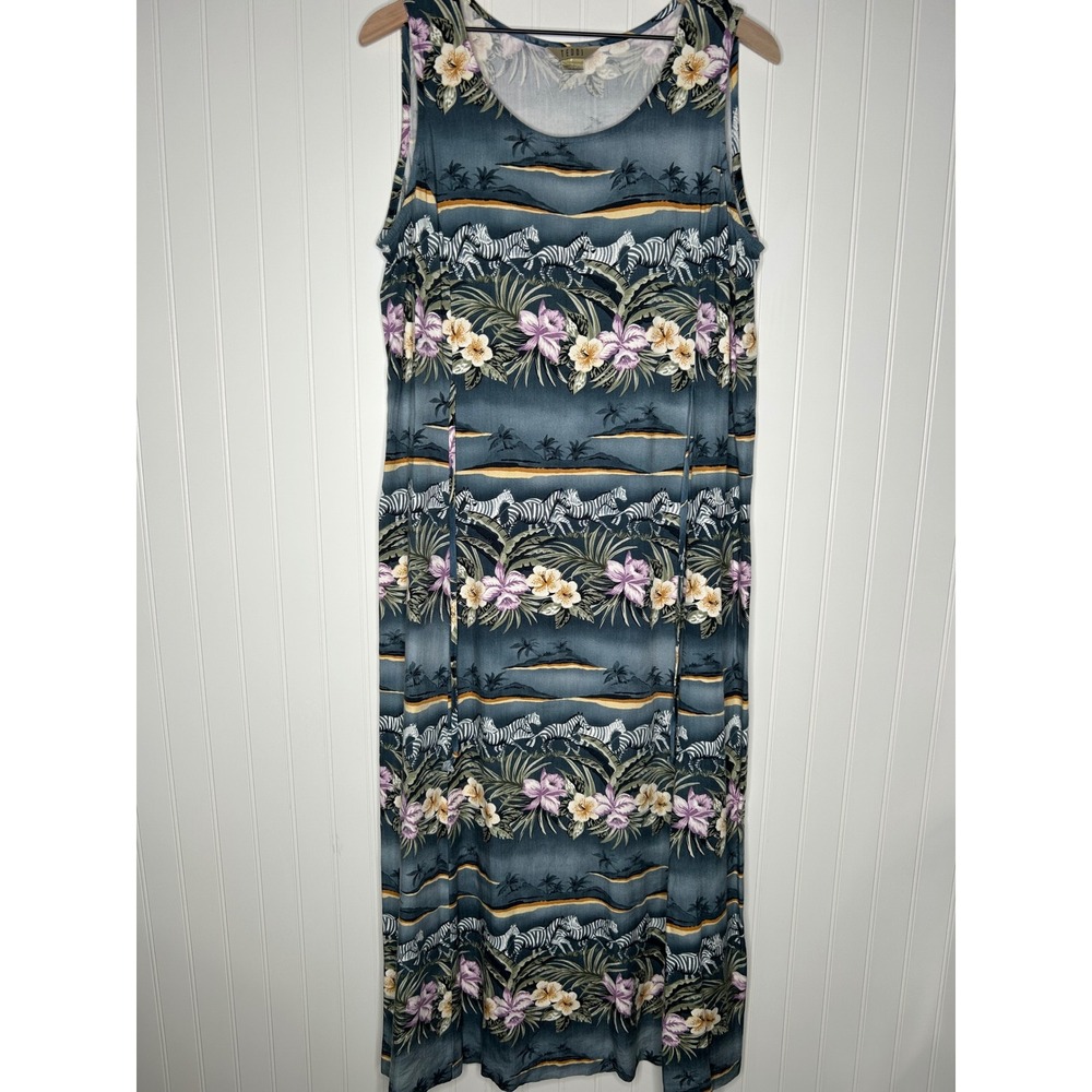 Teddi Vintage Womens Dress XL Tropical Zebra Palm Floral Sleeveless Resort